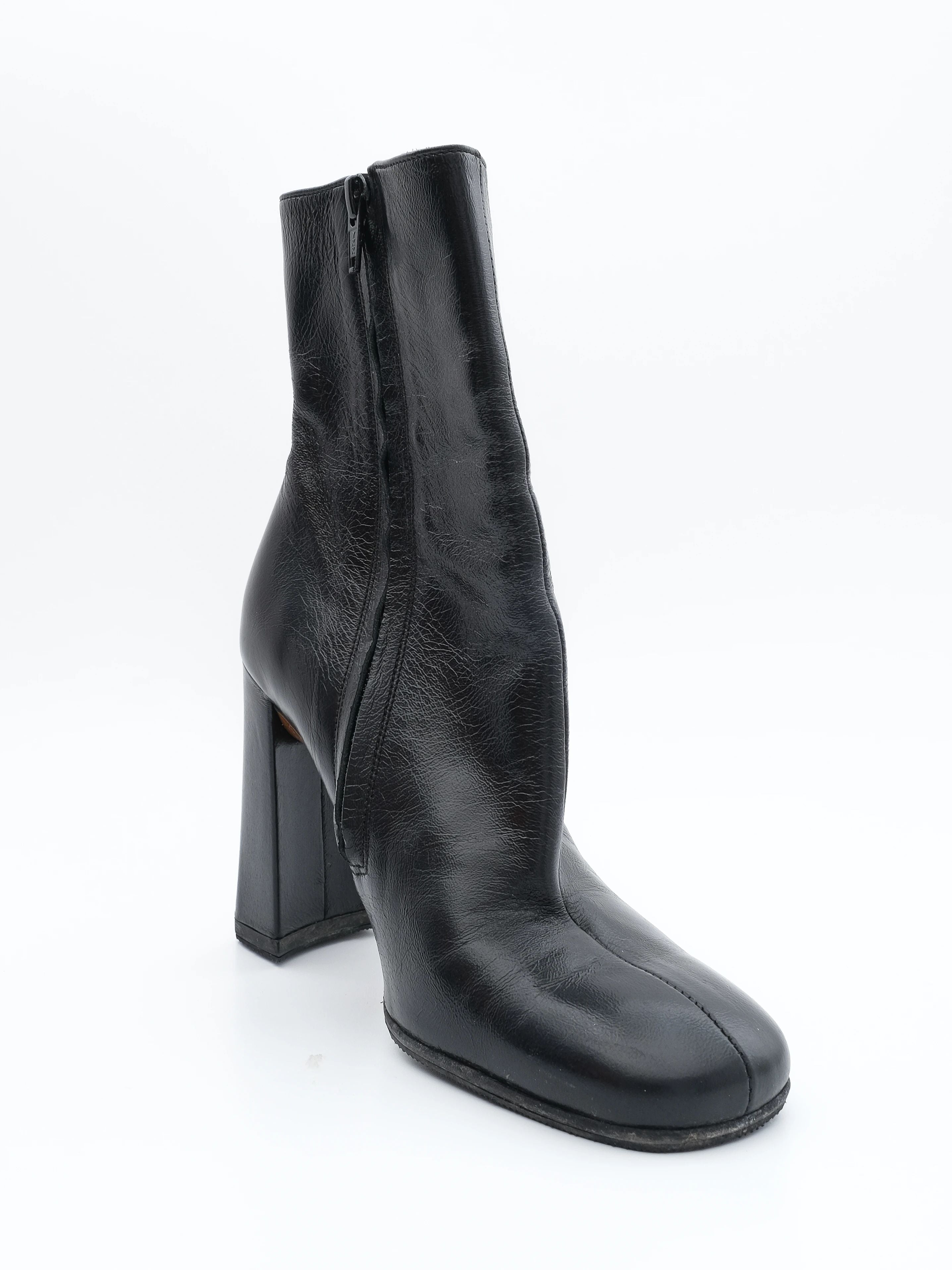 Excellent Black Leather Ankle Boots Square Heels Size 36