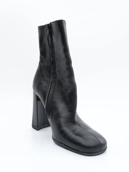 Excellent Black Leather Ankle Boots Square Heels Size 36