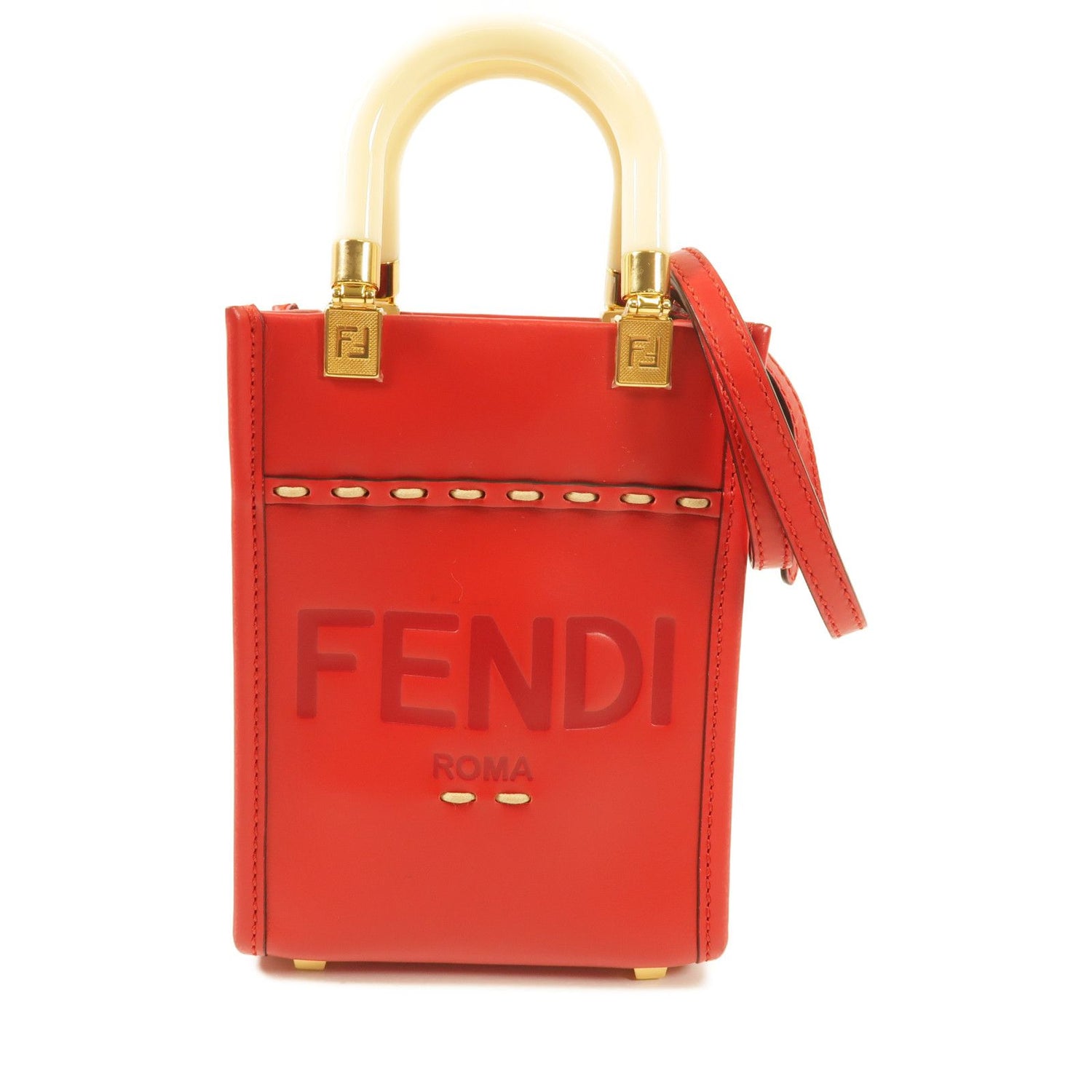 Fendi Cowhide Leather Mini Sunshine Gold Hand-handed Shoulder Bag 2way Shoulder Bag Red Calfskin (cowhide) 8bs 051