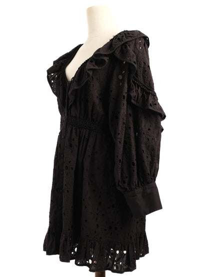 Excellent Uterque Black Cotton Dress M with Ruffle &amp; Embroidery Details
