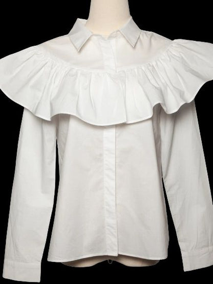 Good English Factory White Long Sleeve Blouse Size S with Ruffled Collar