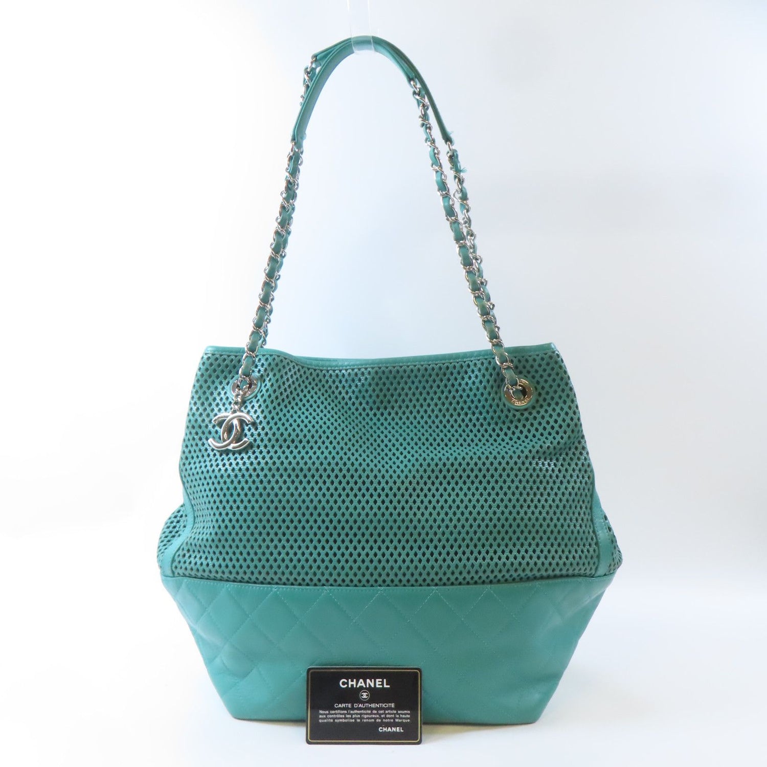 Chanel Green Diamond-shaped Sheepskin Leather Chain Shoulder Bag Silver Cross Shoulder Back