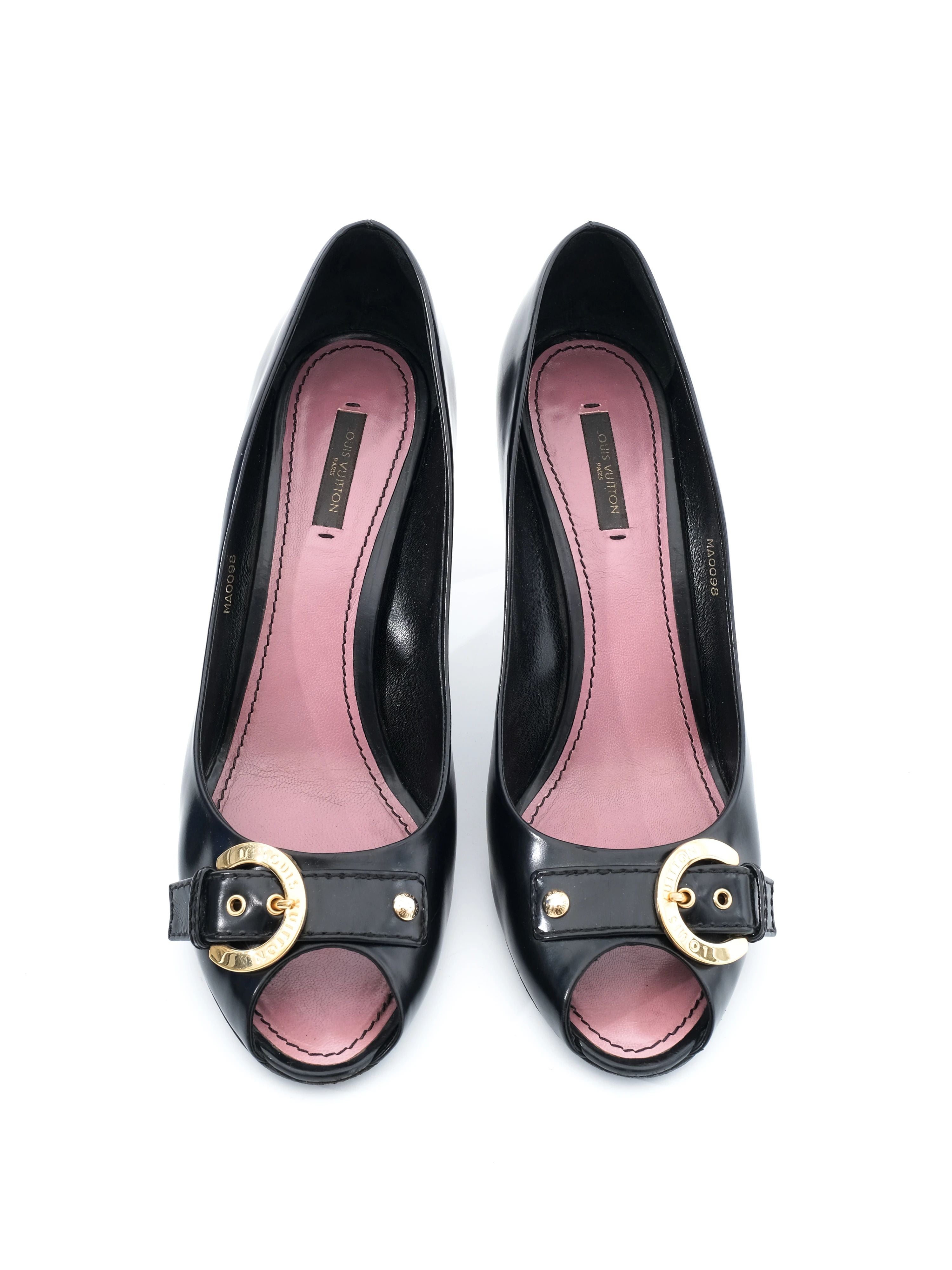 Excellent Louis Vuitton Black Leather High-Heeled Shoes Peep-Toe