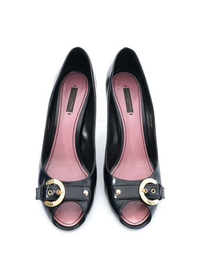 Excellent Louis Vuitton Black Leather High-Heeled Shoes Peep-Toe