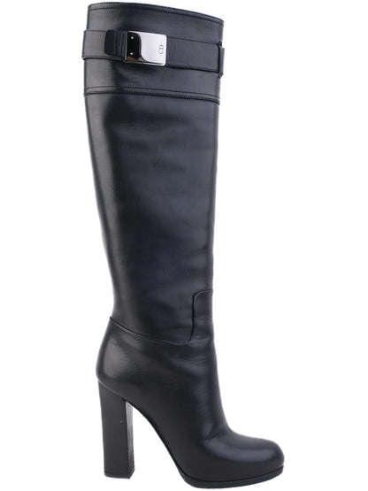 Excellent Dior Black Leather Knee-High Boots Size 36 with Buckle Detail