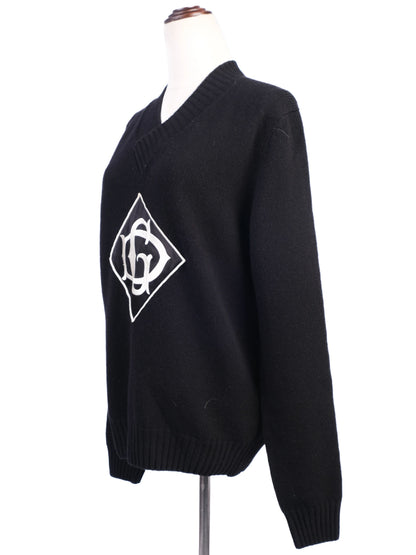 Excellent Dolce Gabbana Black Wool V-Neck Sweater with Logo