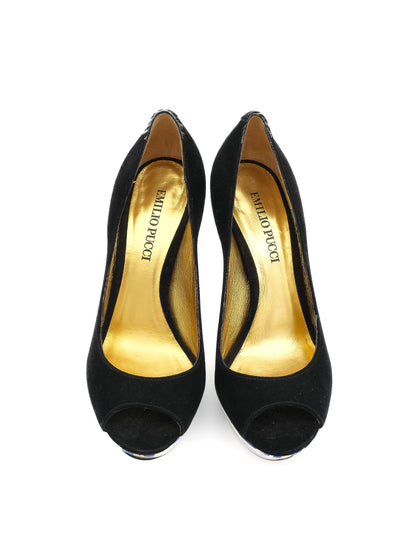 Emilio Pucci Black Genuine Suede High-Heeled Shoes Size 36
