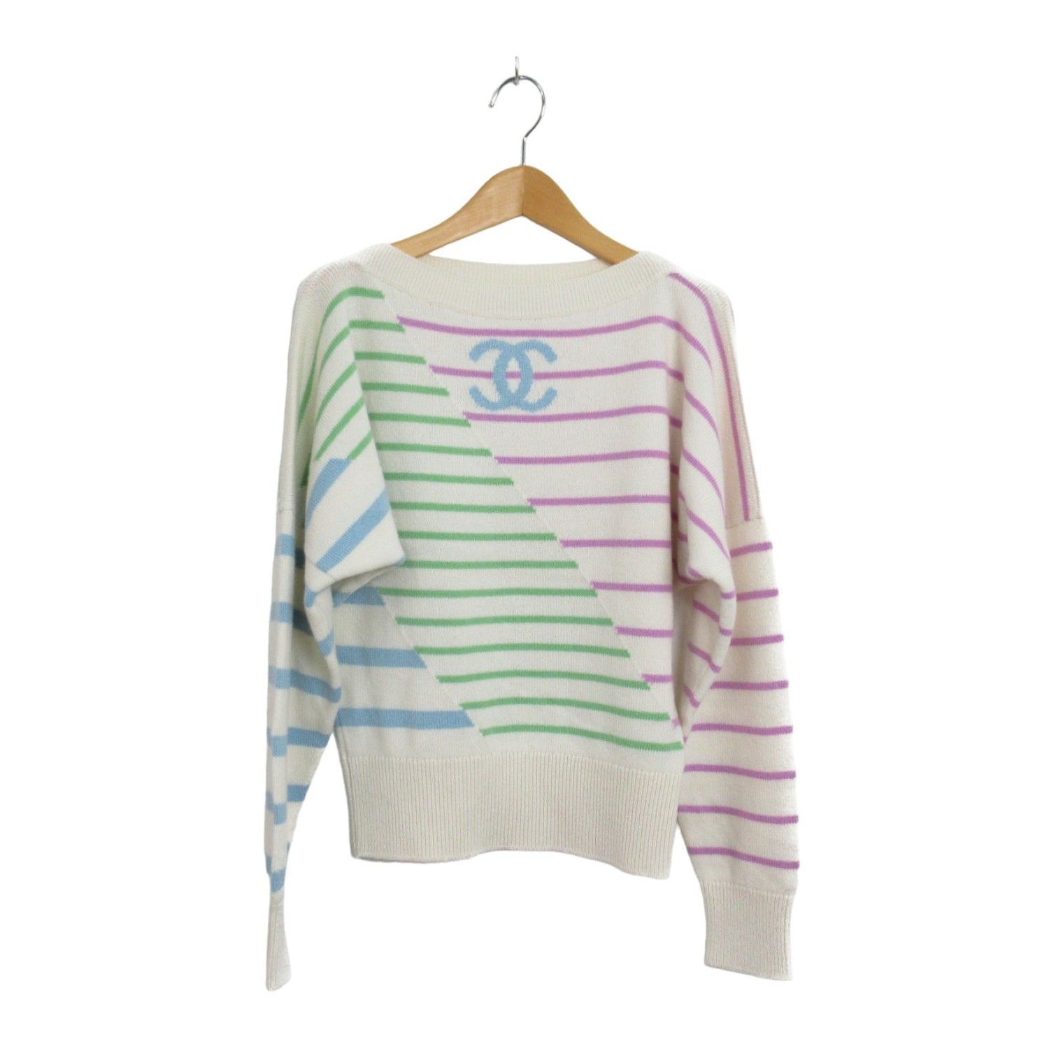 Chanel Striped Cashmere Sweater Knitwear White Multicolor 34