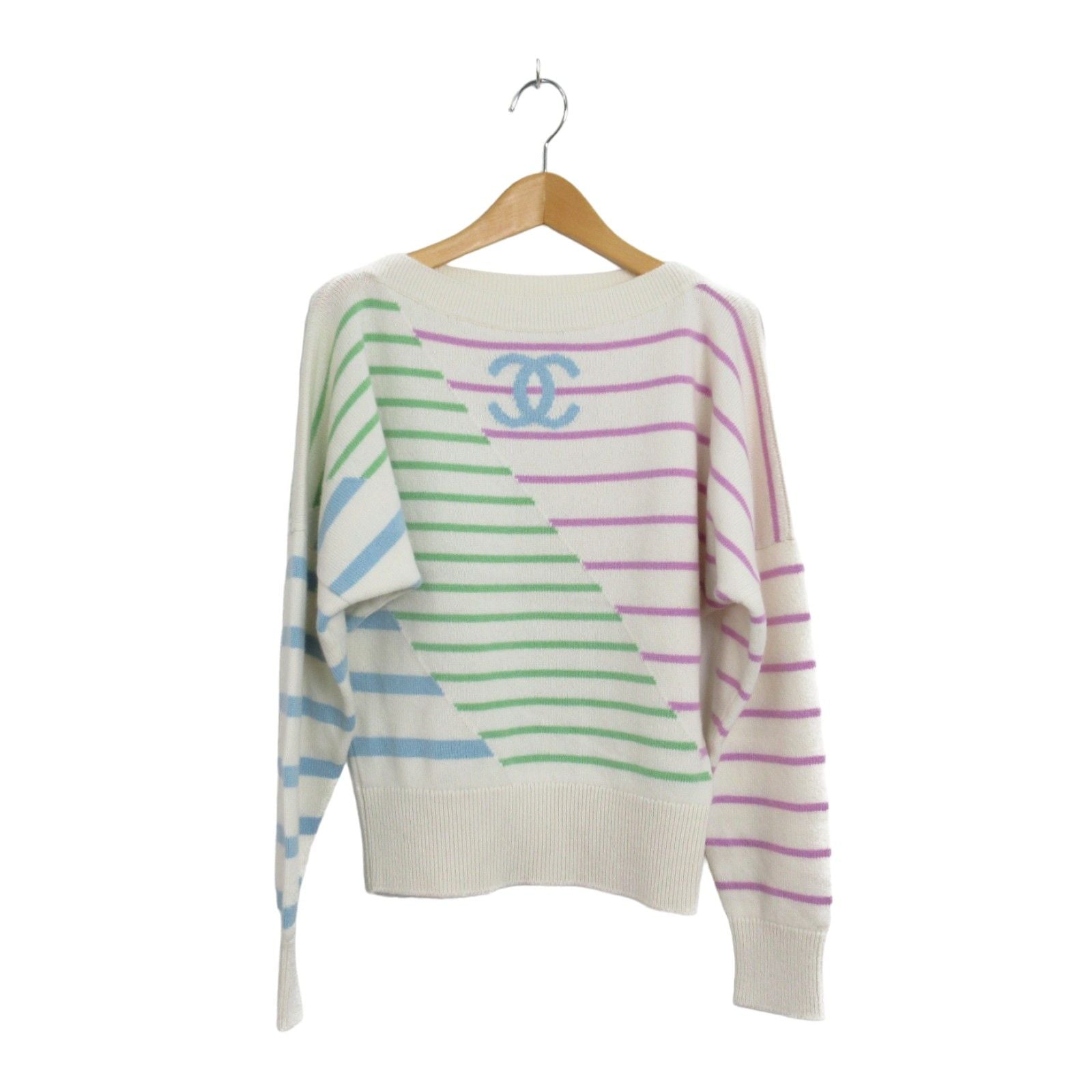 Chanel Striped Cashmere Sweater Knitwear White Multicolor 34