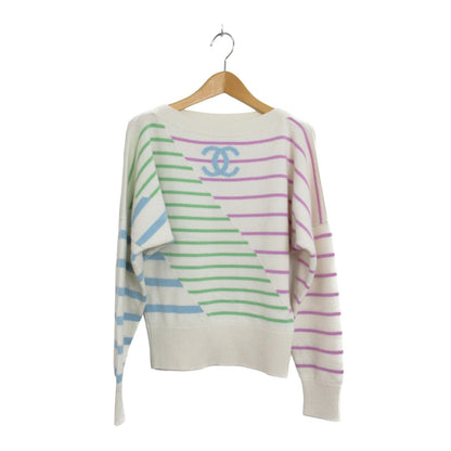 Chanel Striped Cashmere Sweater Knitwear White Multicolor 34