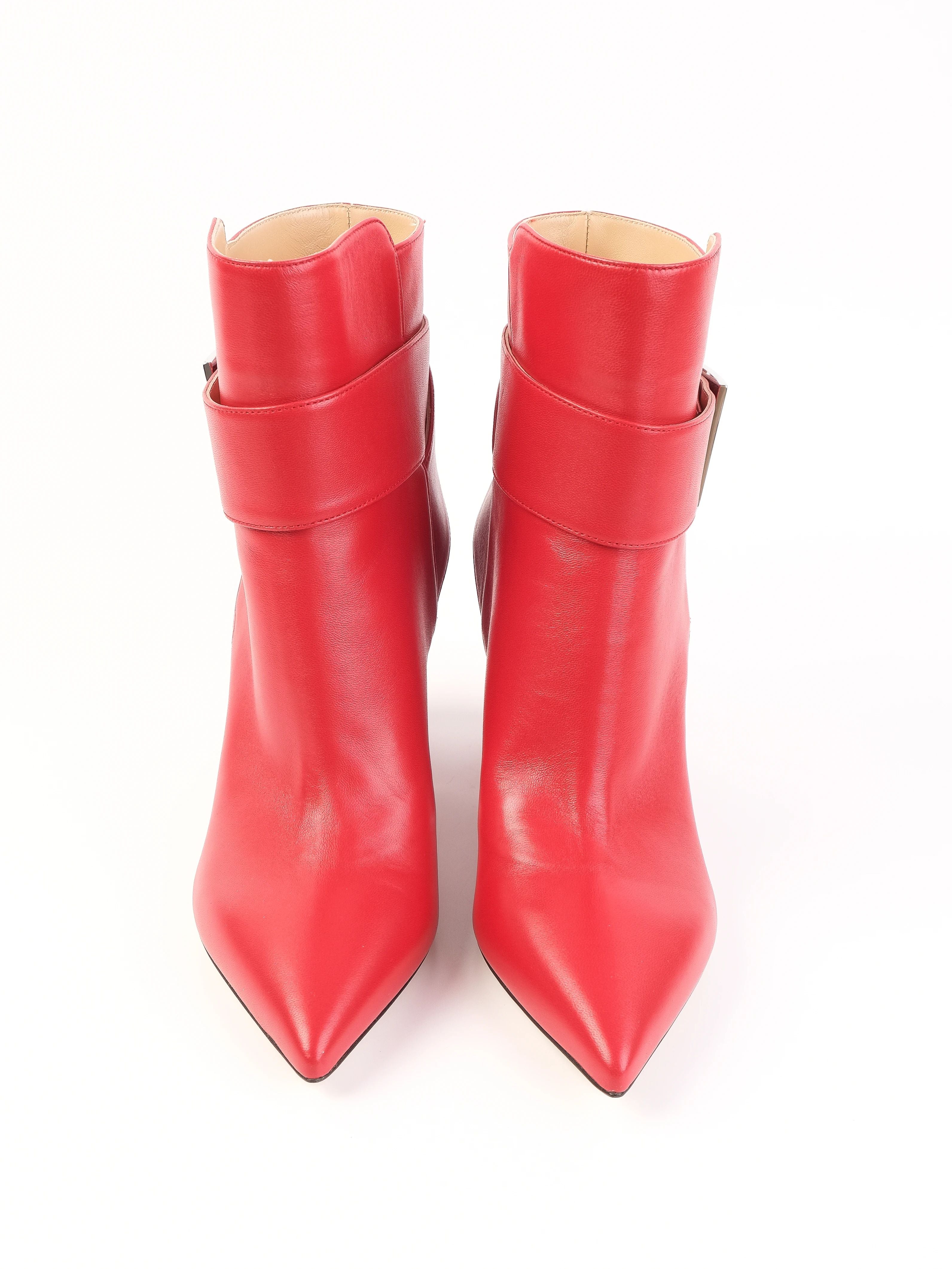 NEW Sergio Rossi Red Leather Ankle Boots Size 36.5 with Block Heel