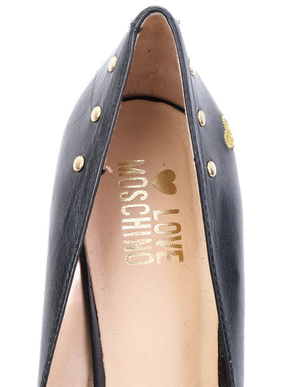 Perfect Moschino Black Leather High-Heeled Shoes Size 39 with Gold Accents