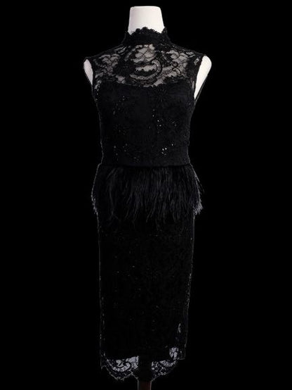 Excellent Alice+Olivia Black Silk Dress with Lace and Feathers