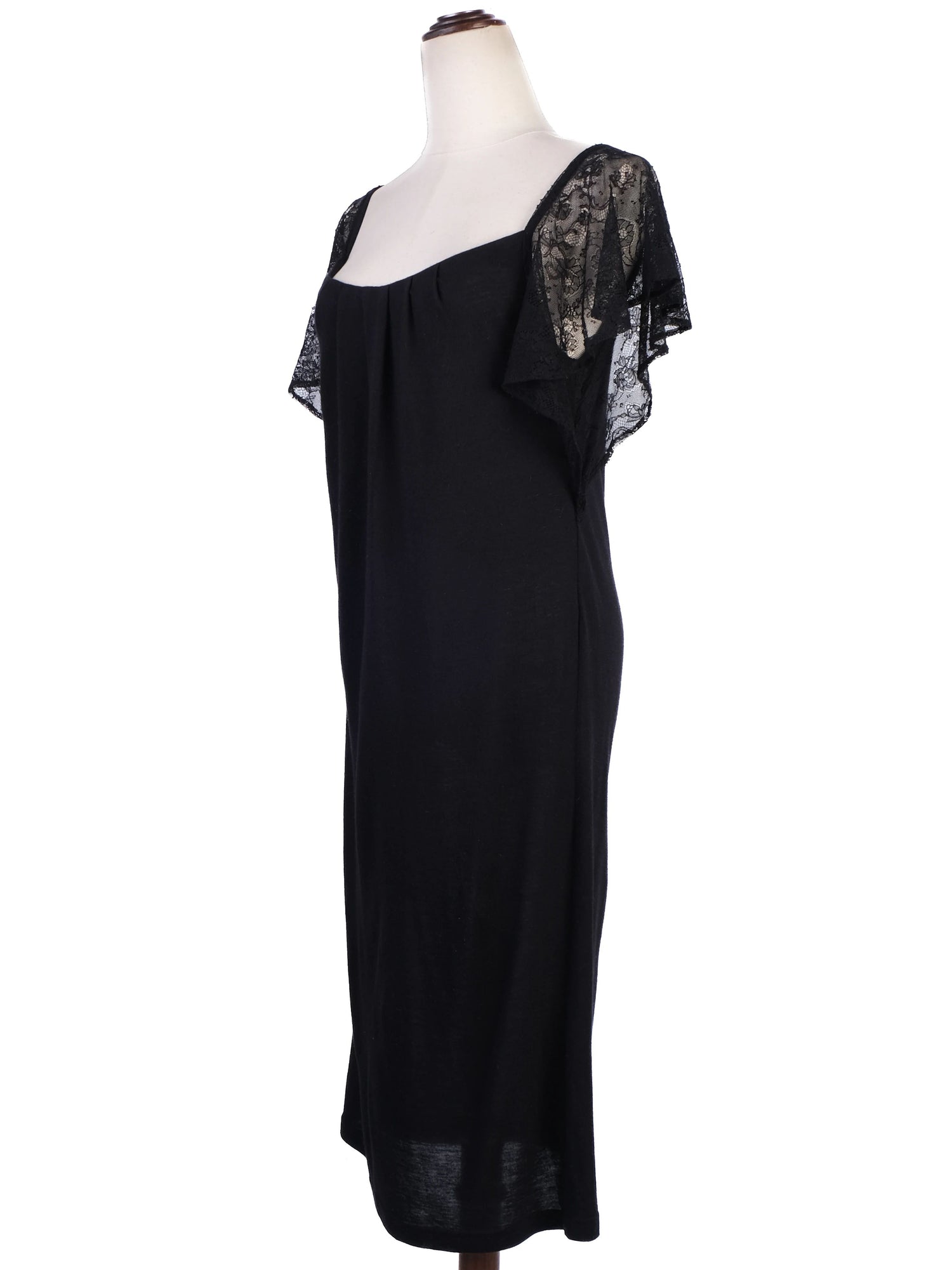 Excellent Tara Jarmon Black Vinyl Dress with Lace Sleeves Size M