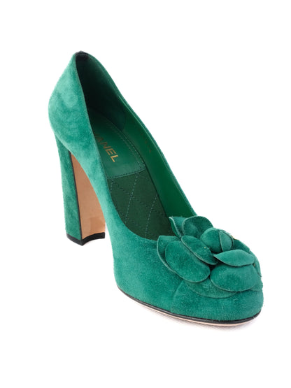EXCELLENT Chanel Green Suede Leather High-Heeled Shoes Size 37