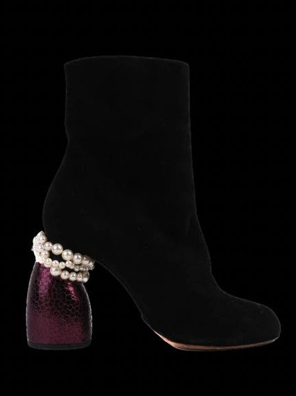 Dries Van Noten Black Leather Heeled Boots Size 39 with Purple Detail