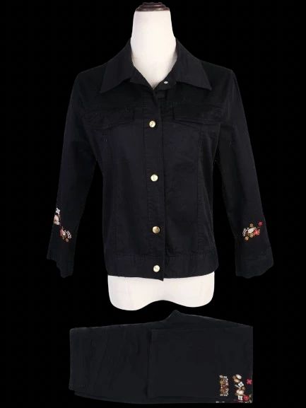 Excellent Dolce Gabbana Black Denim Jacket with Floral Embroidery