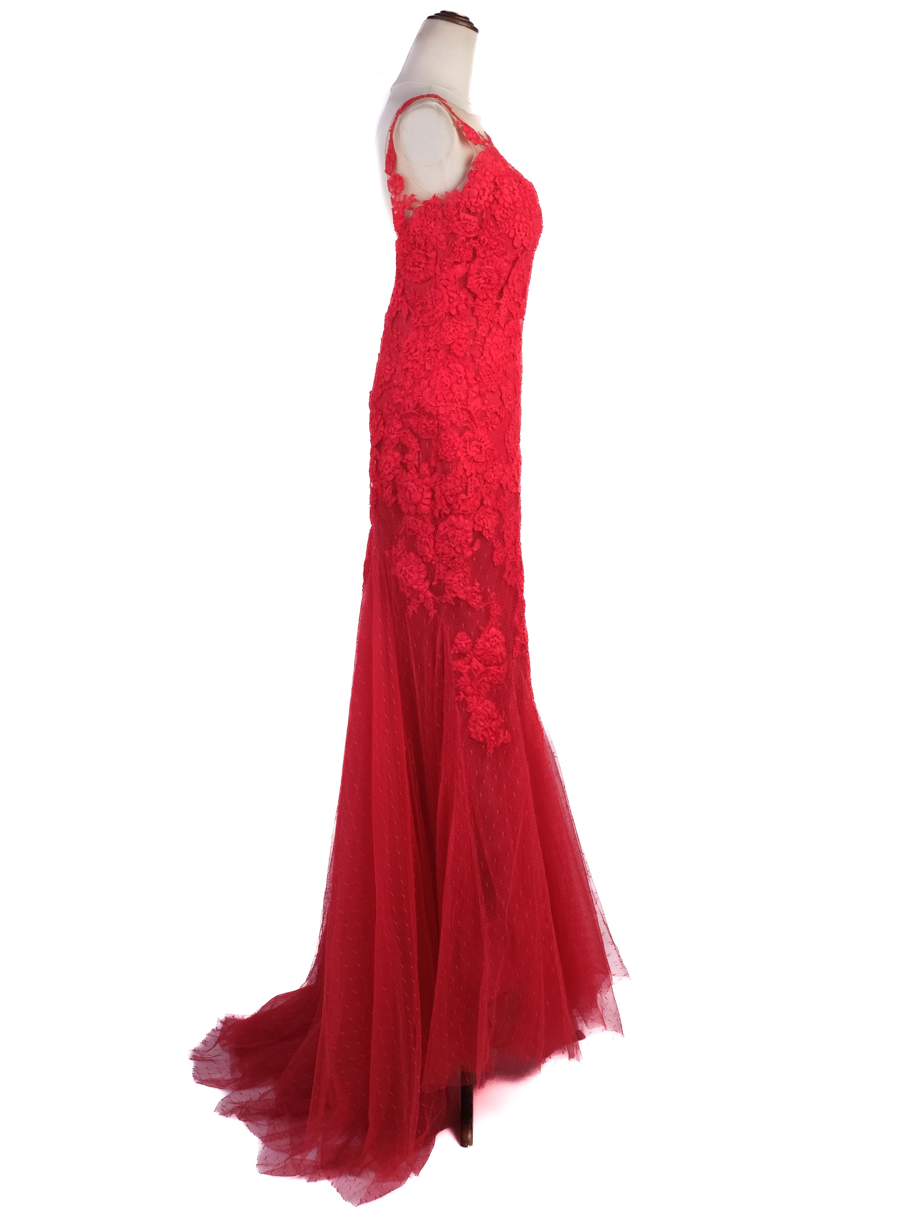Excellent Pronovias Red Evening Gown Lace Detail Size L