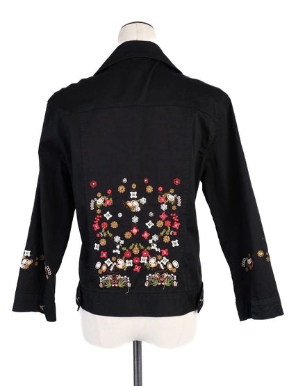 Excellent Dolce Gabbana Black Denim Jacket with Floral Embroidery