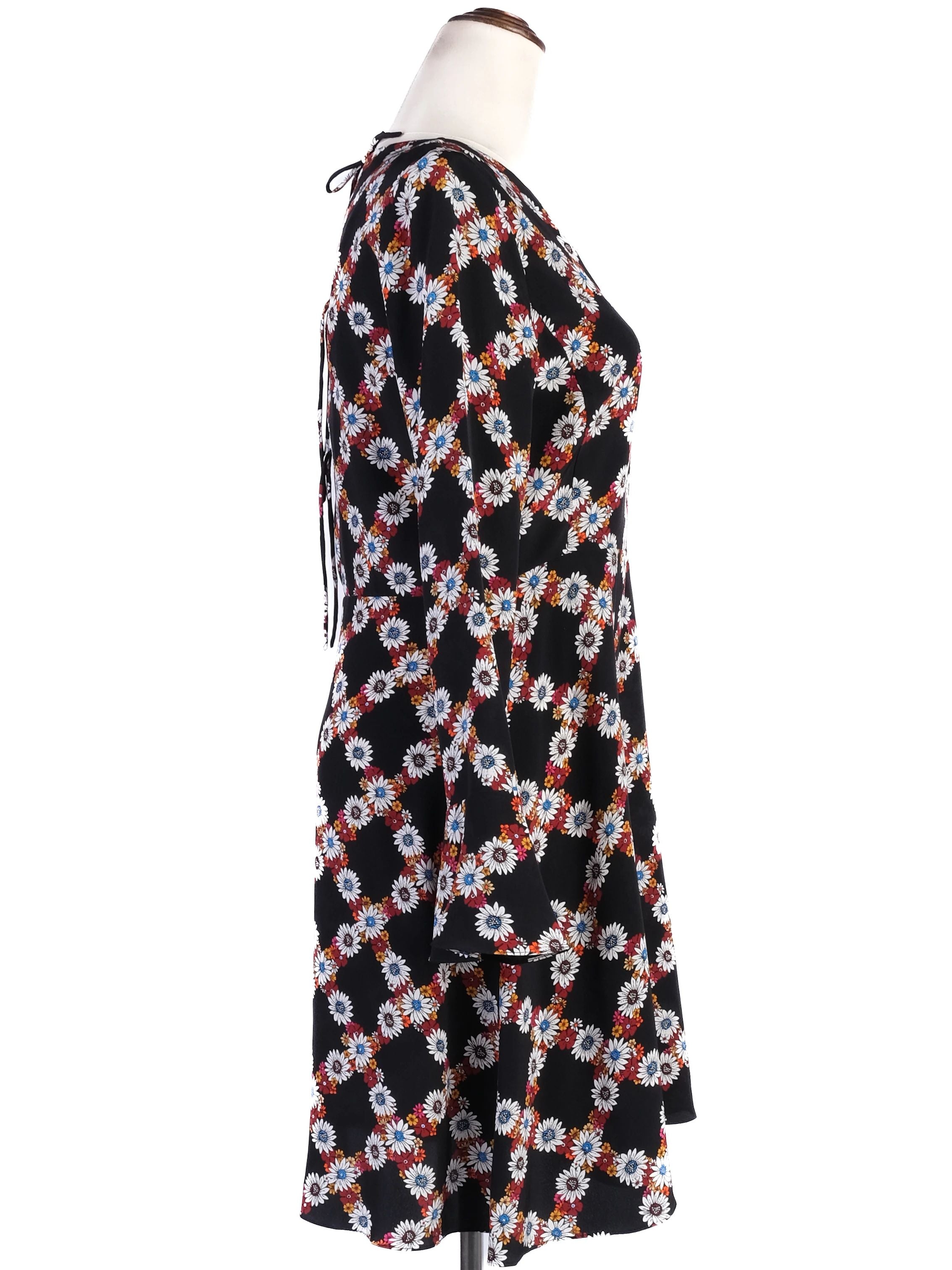 Excellent Sandro Black Silk Dress Size S Floral Pattern Long Sleeve