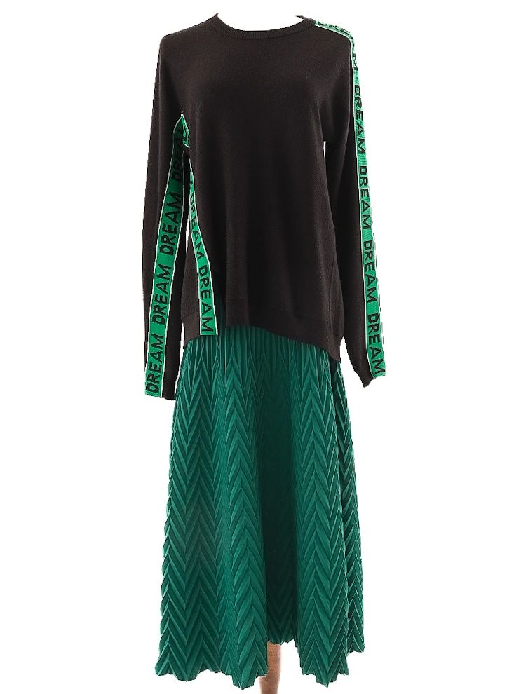 Excellent Maje Black Wool Sweater &amp; Green Pleated Skirt Set for Women