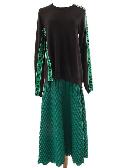 Excellent Maje Black Wool Sweater &amp; Green Pleated Skirt Set for Women