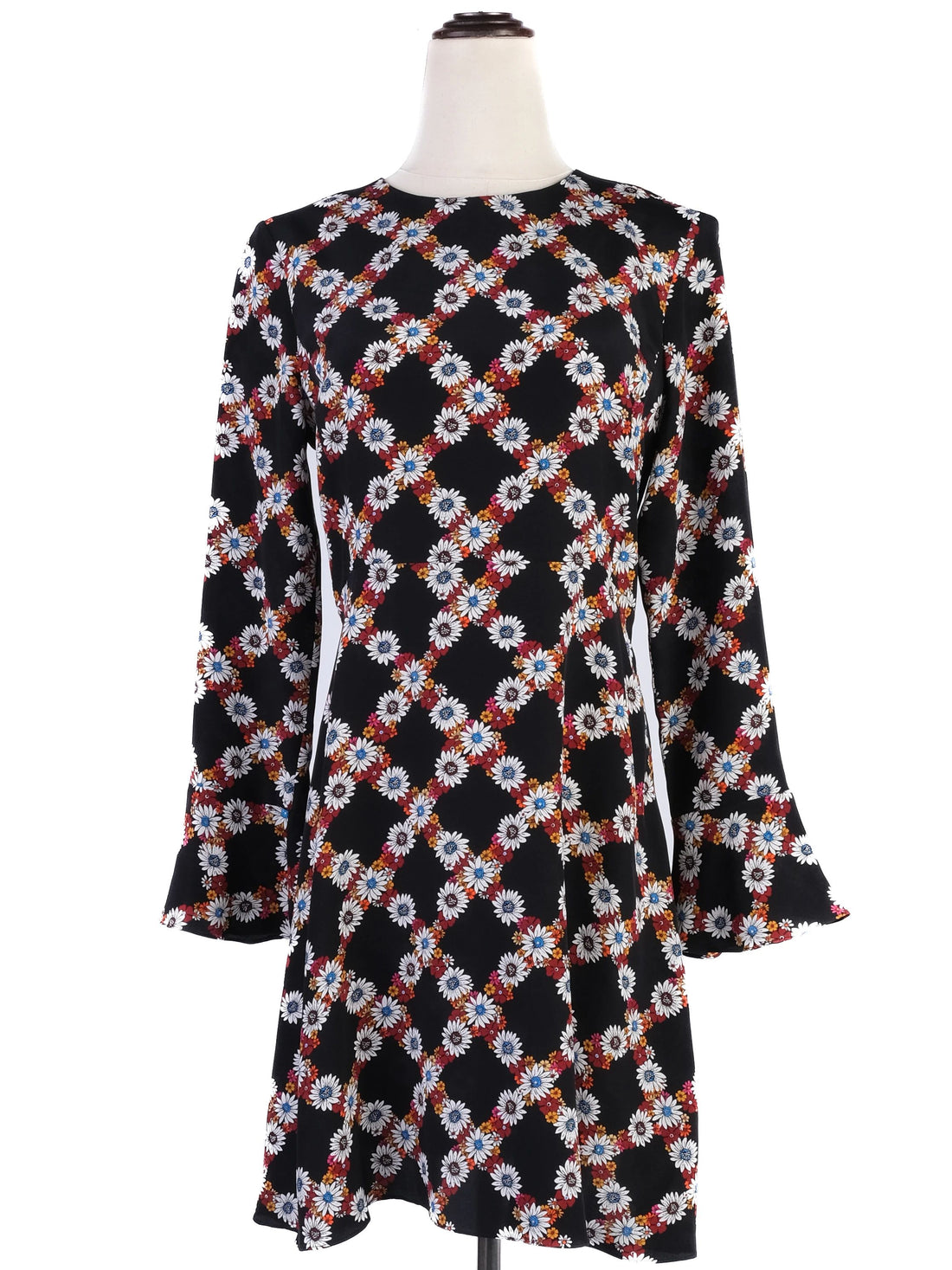 Excellent Sandro Black Silk Dress Size S Floral Pattern Long Sleeve