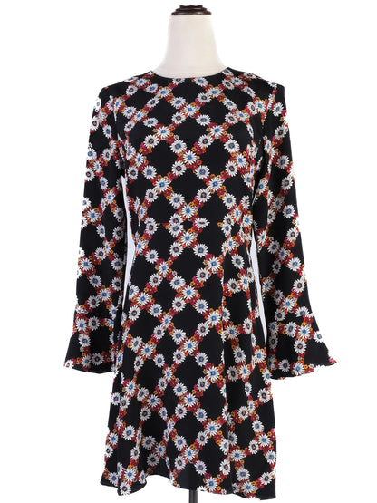 Excellent Sandro Black Silk Dress Size S Floral Pattern Long Sleeve