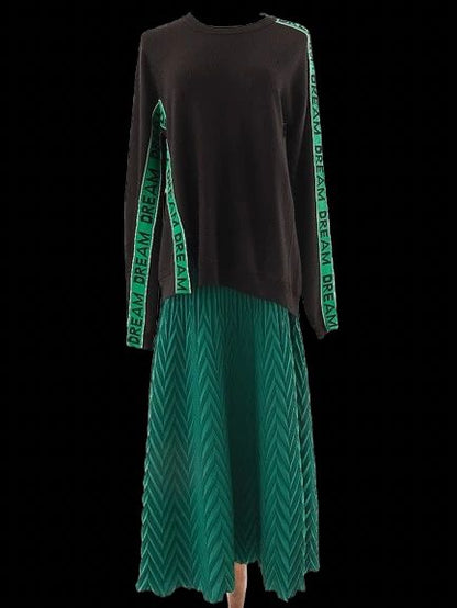 Excellent Maje Black Wool Sweater &amp; Green Pleated Skirt Set for Women