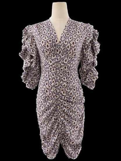 Excellent Isabel Marant Silk Dress V-Neck Ruffled Sleeves Size S