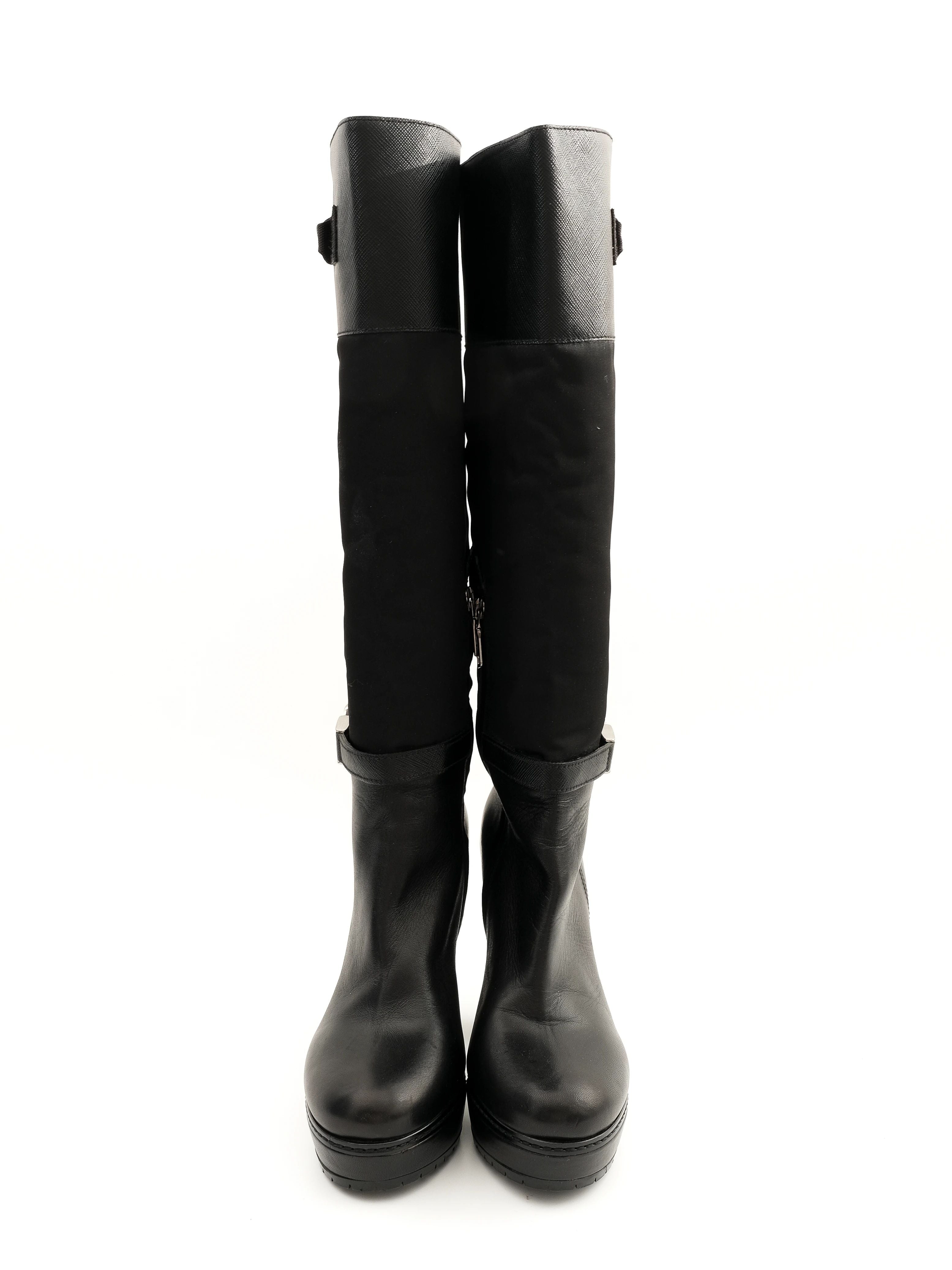 Excellent Prada Black Leather Heeled Knee-High Boots Size 35.5