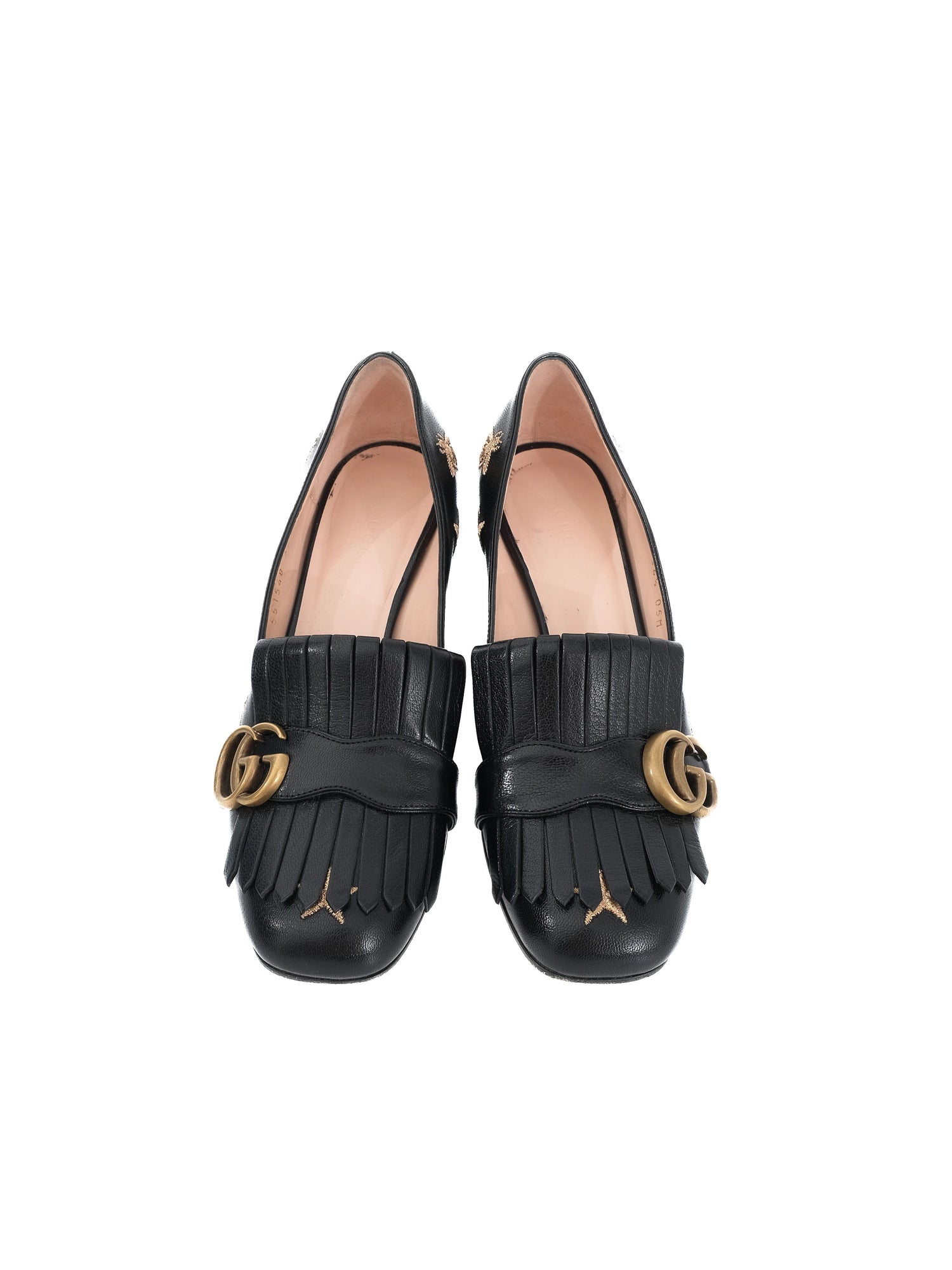 Gucci Black Leather Block-Heeled Loafers with Embroidered Details Size 36.5