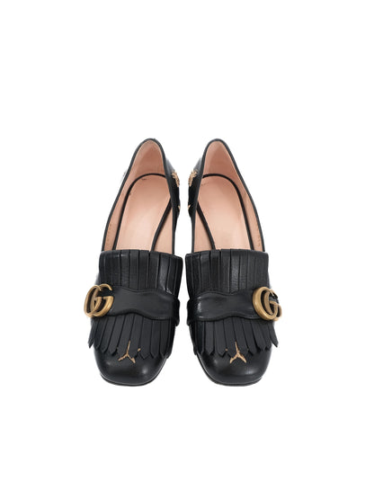 Gucci Black Leather Block-Heeled Loafers with Embroidered Details Size 36.5
