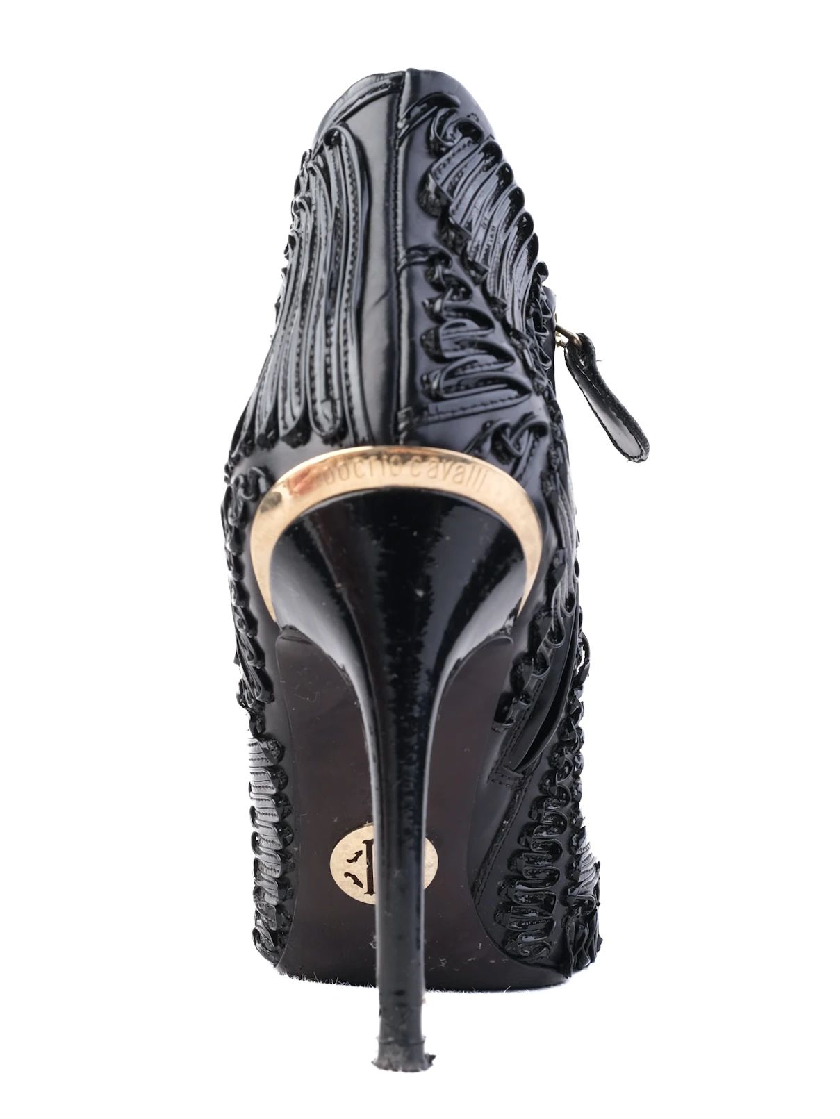 Excellent Roberto Cavalli Black Leather High-Heeled Ankle Boots Size 37.5