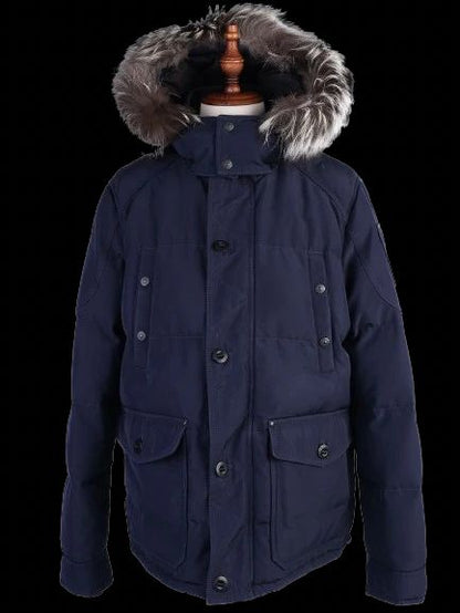 Excellent Moose Knuckles Navy Blue Parka Jacket with Fur Trim Size L
