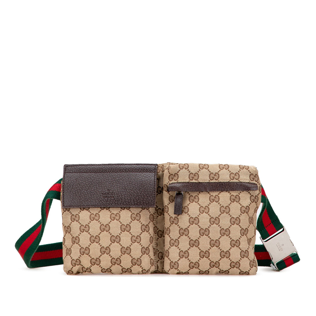 Gucci GG Canvas Web Double Pocket Belt Bag Brown