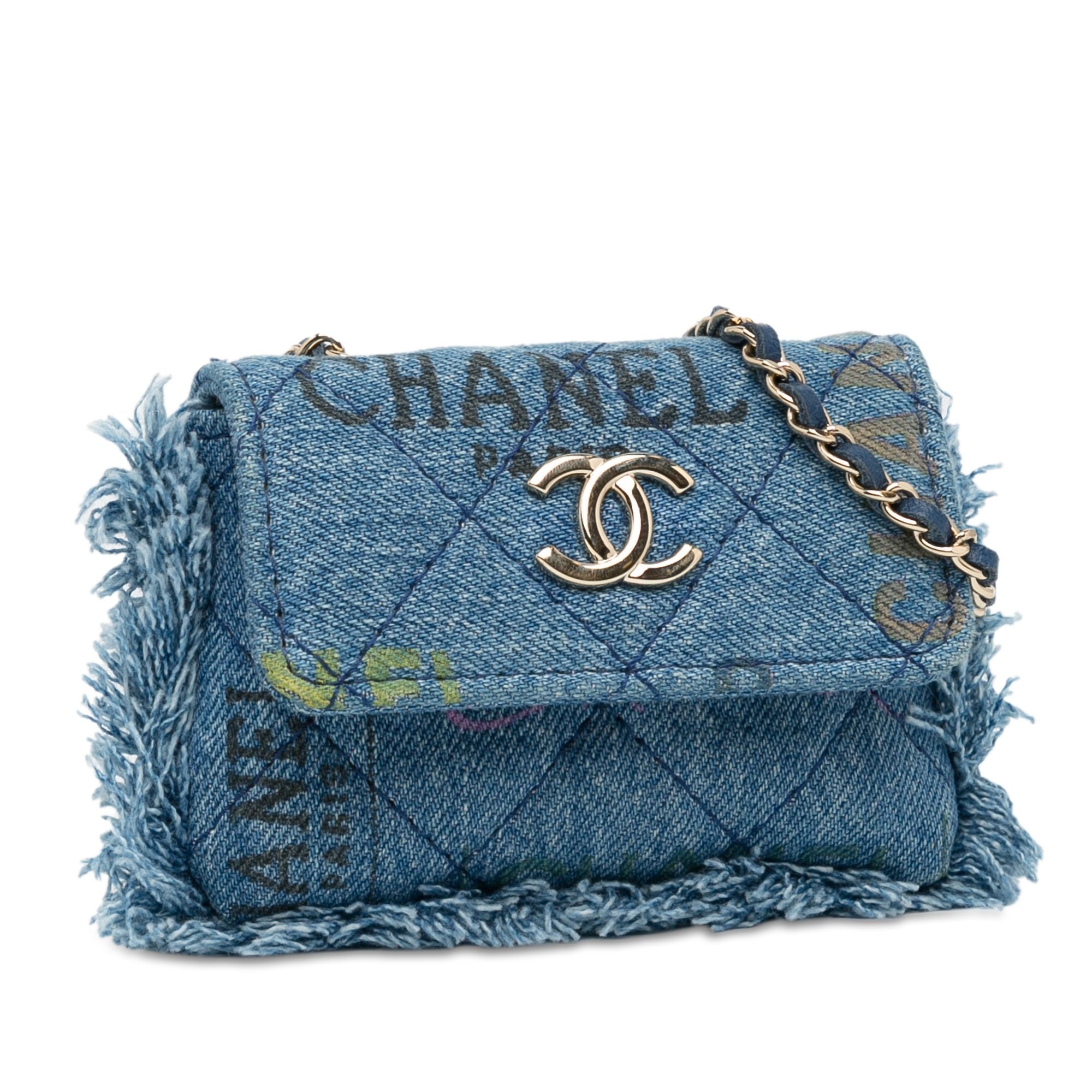 Chanel Mini Denim Mood Clutch With Chain Blue