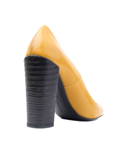 Excellent MaxCo Yellow Leather High-Heeled Shoes with Chunky Black Heel