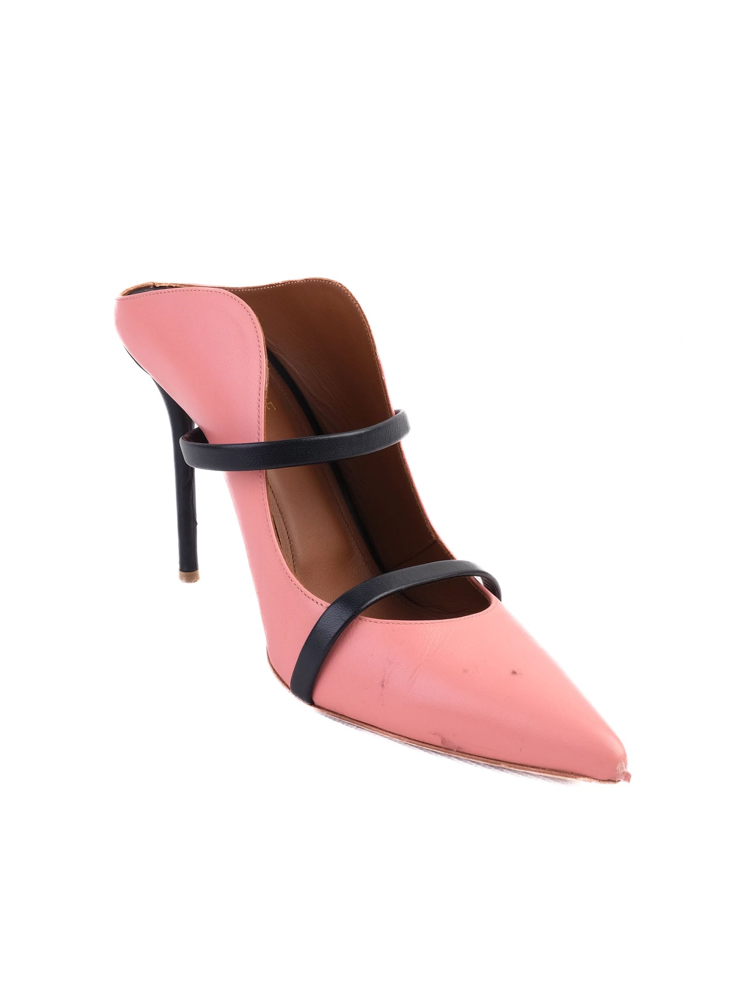 Excellent Pink Leather High-Heeled Shoe with Black Straps Size 39.5