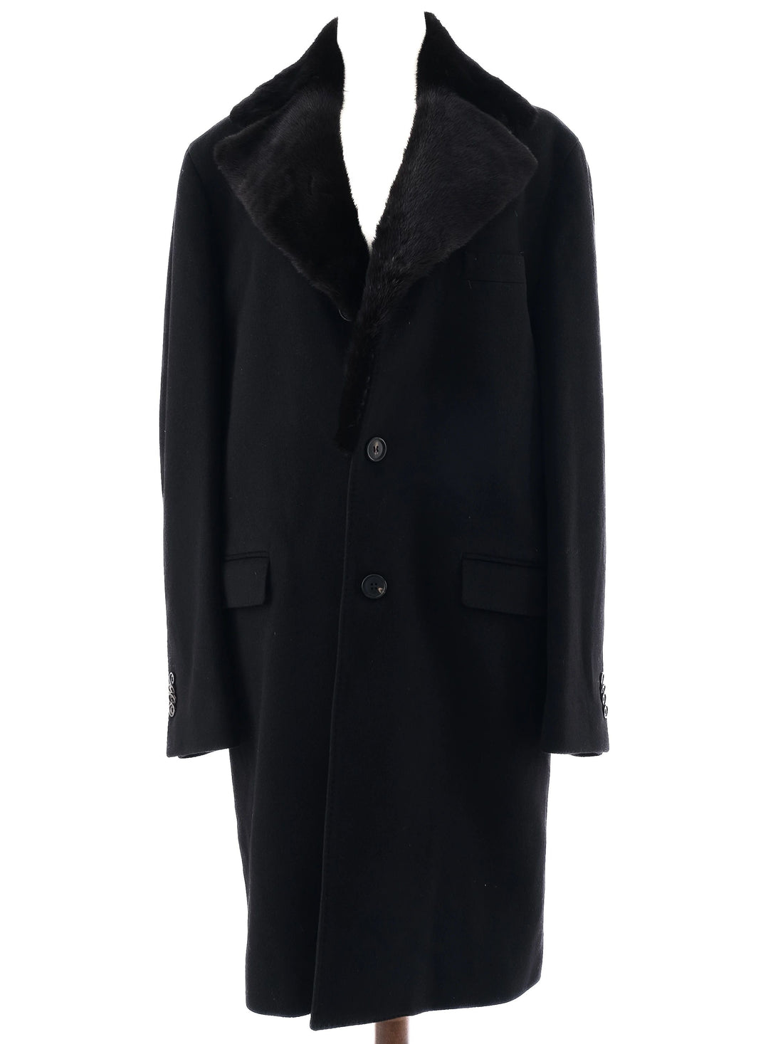 Excellent Smalto Black Cashmere Coat with Fur Collar Size XL