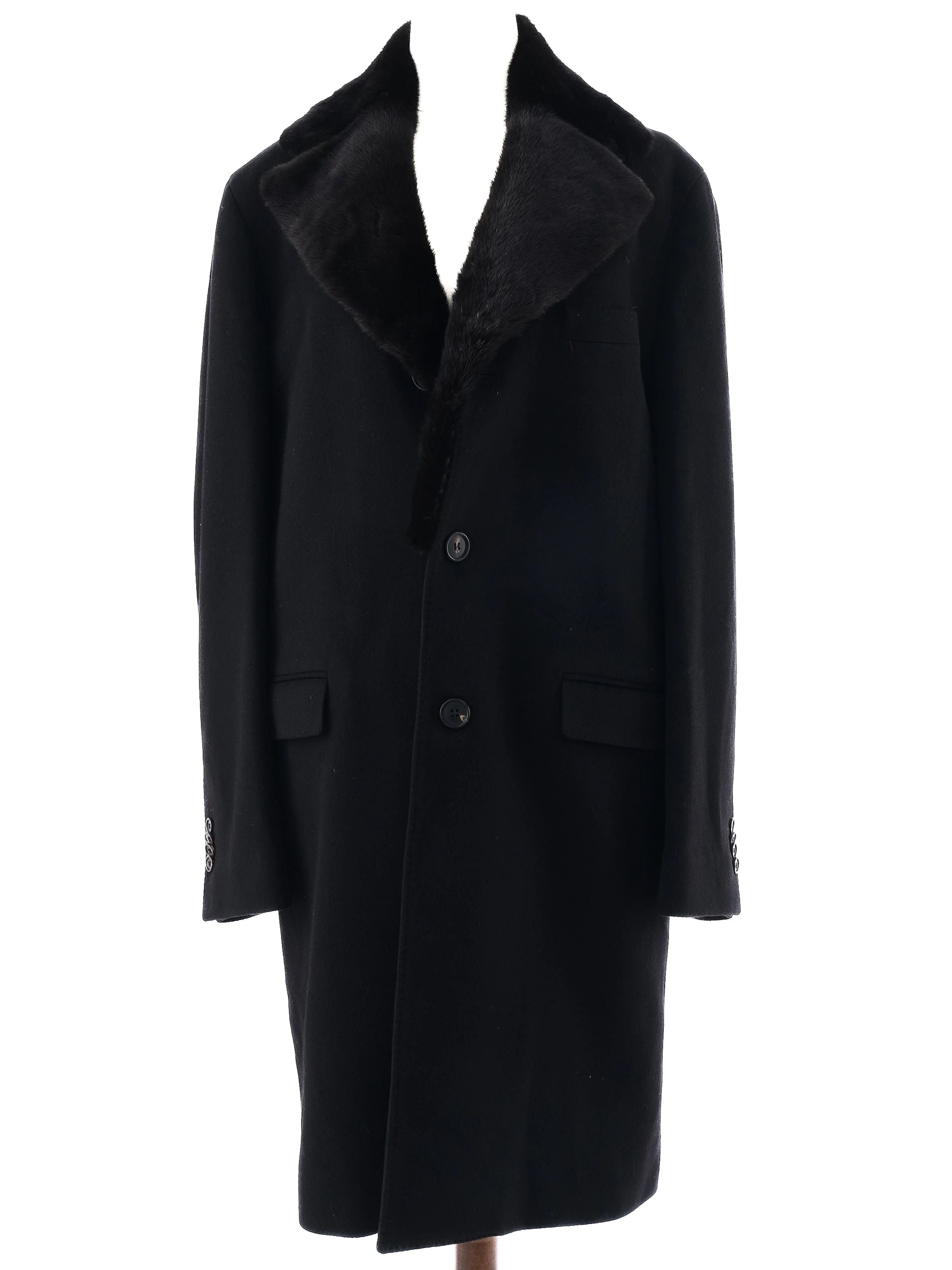 Excellent Smalto Black Cashmere Coat with Fur Collar Size XL