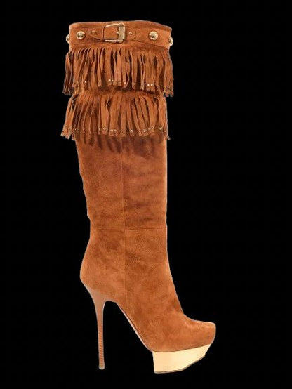 Excellent Gianmarco Lorenzi Orange Leather Knee-High Stiletto Boots Size 38