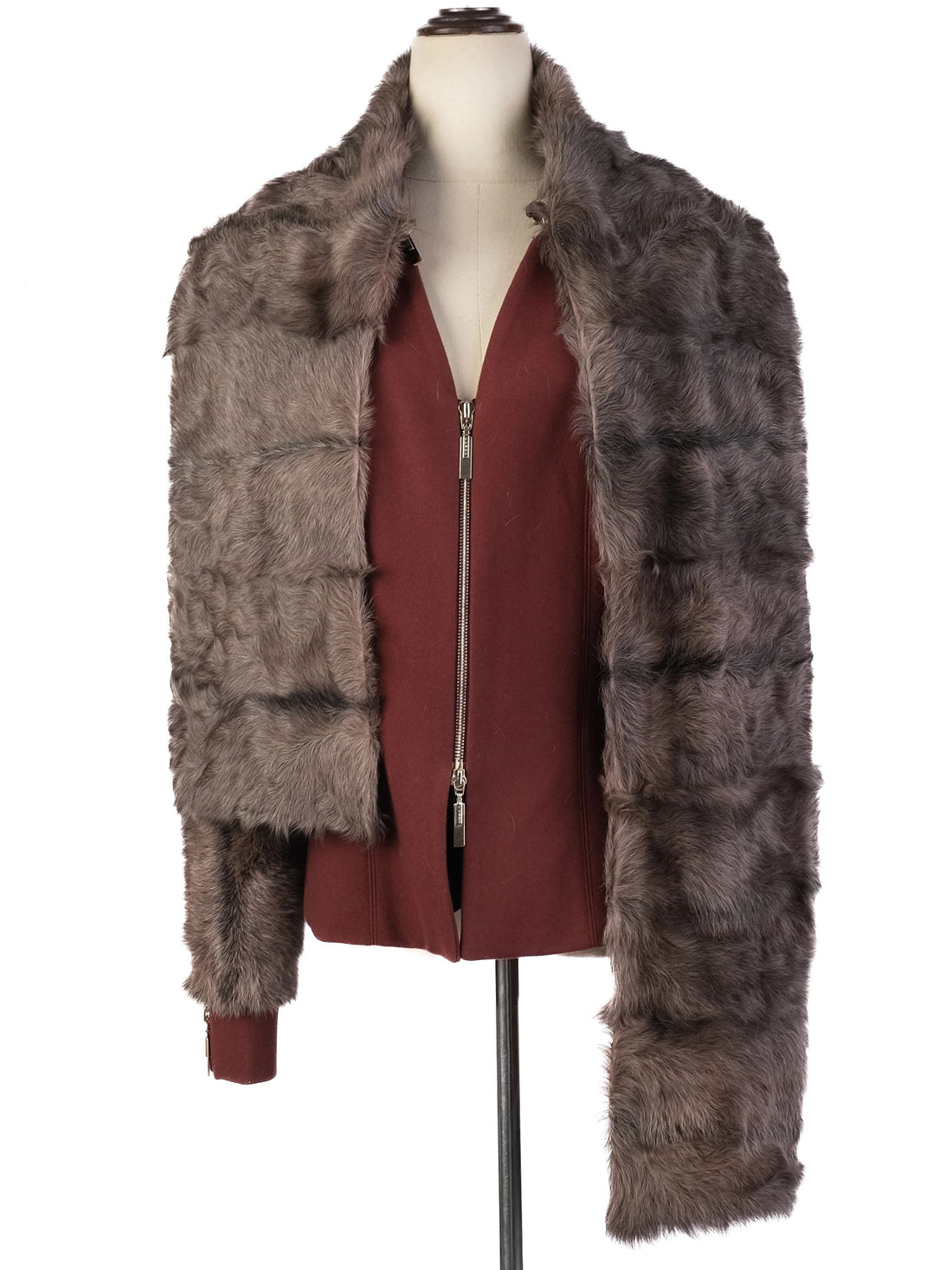 Excellent Fendi Red Wool Jacket XS with Fur Trim