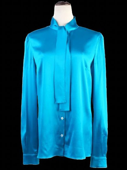 Excellent Dolce Gabbana Turquoise Silk Blouse Size L with Tie-Neck