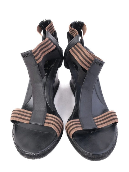 Perfect Fendi Black Leather Wedge Sandals with T-Strap Design