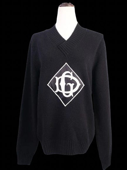 Excellent Dolce Gabbana Black Wool V-Neck Sweater with Logo