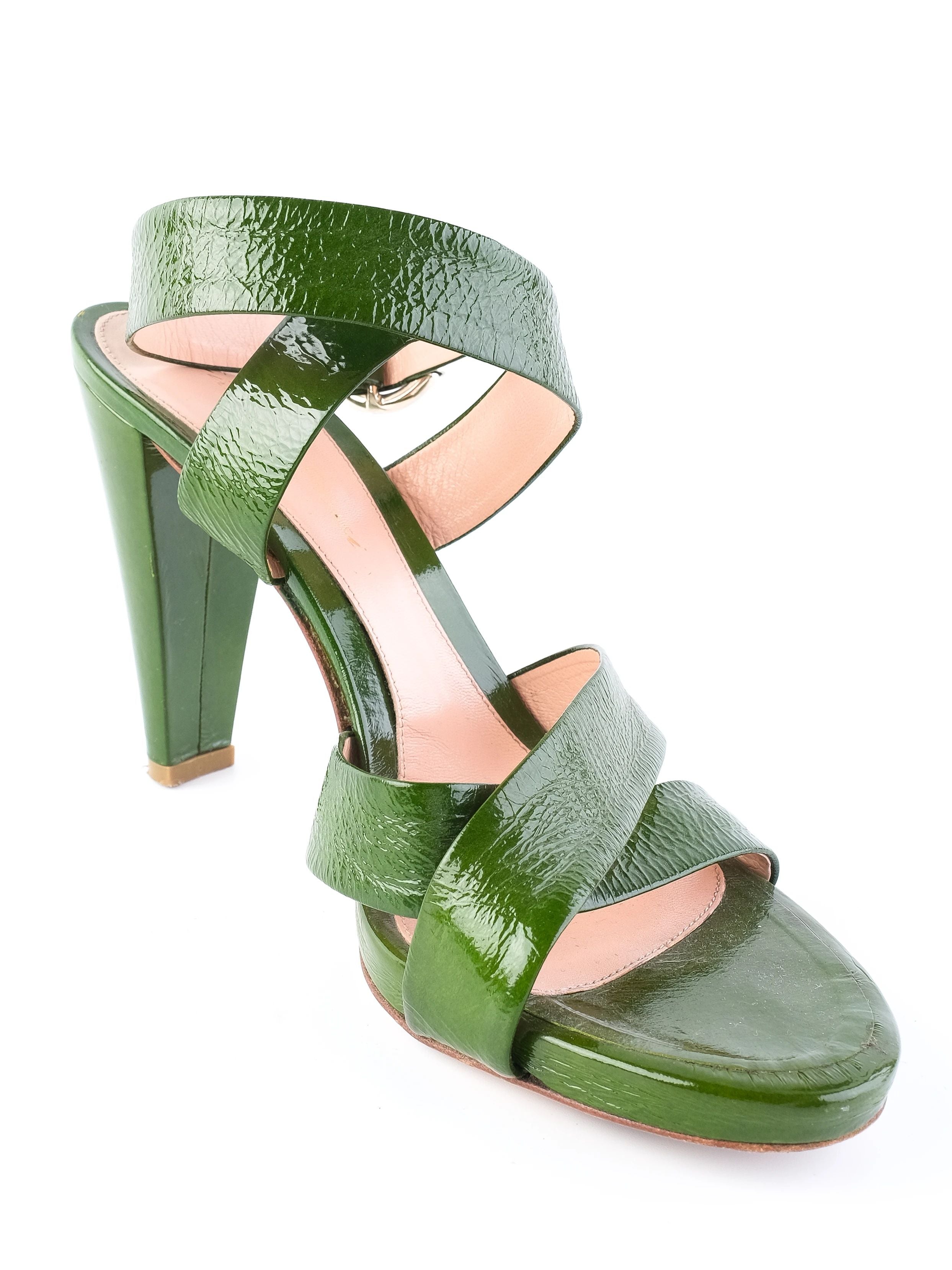 Excellent Sergio Rossi Green Leather High-Heeled Sandals Size 38