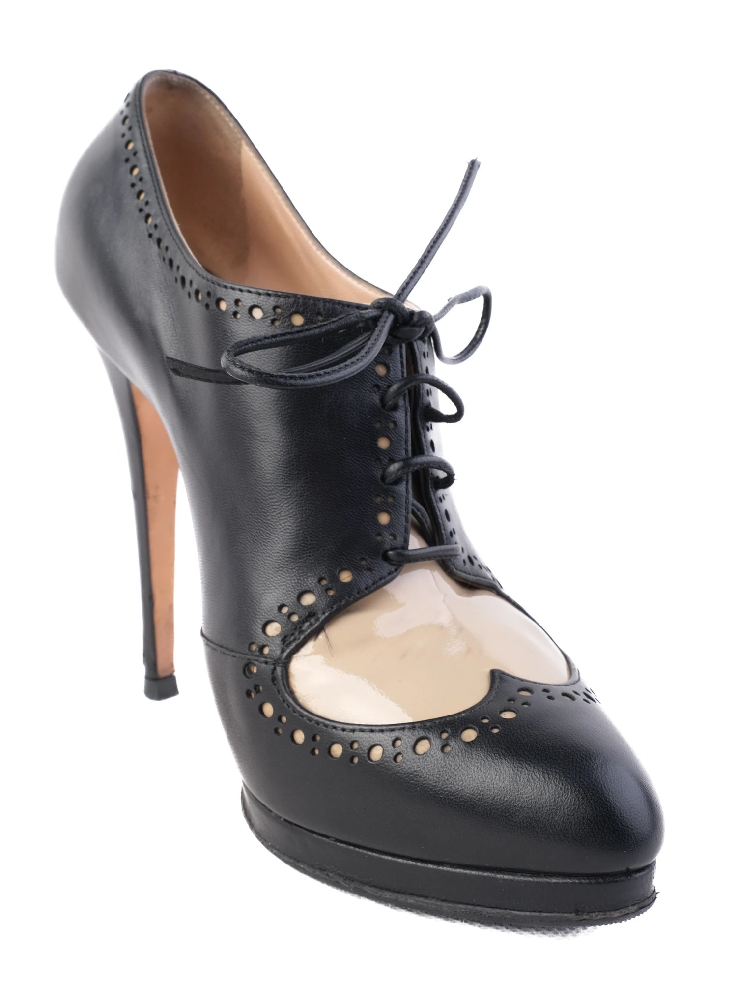 Good Condition Casadei Black Leather High-Heeled Oxford Shoes Size 38.5