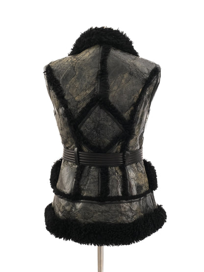 Excellent Black Leather Sleeveless Vest Size L with Fluffy Texture