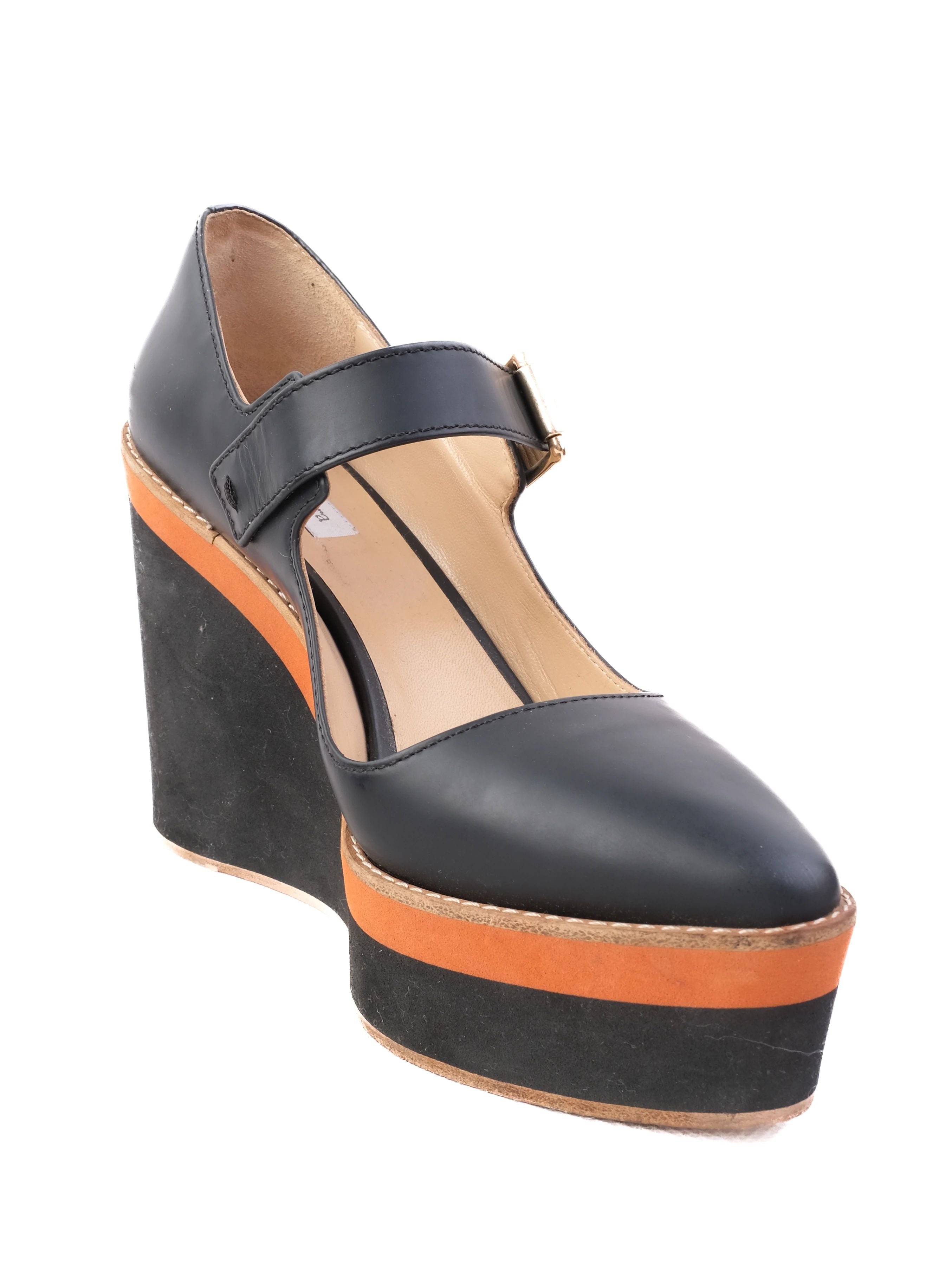 Excellent Max Mara Blue Leather Wedge Shoes Size 35 with Orange Stripe